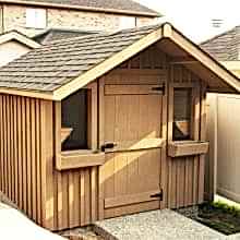 8 x 10 medium board and batten with a 2 foot gable overhang.